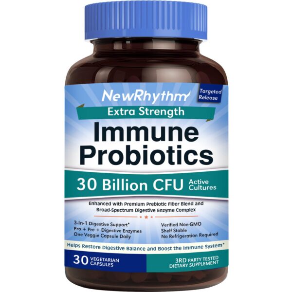 Frasco de probióticos NewRhythm con zinc y vitaminas para inmunidad