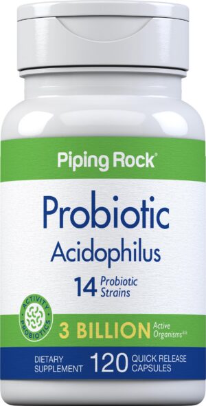 Frasco de probióticos Piping Rock Acidophilus 120 cápsulas