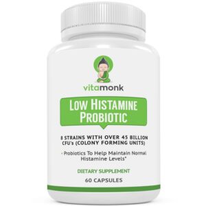 Frasco de probióticos VitaMonk bajo en histamina 60 cápsulas