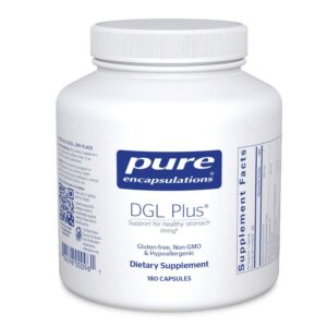 Frasco de Pure Encapsulations DGL Plus para salud intestinal 180 caps