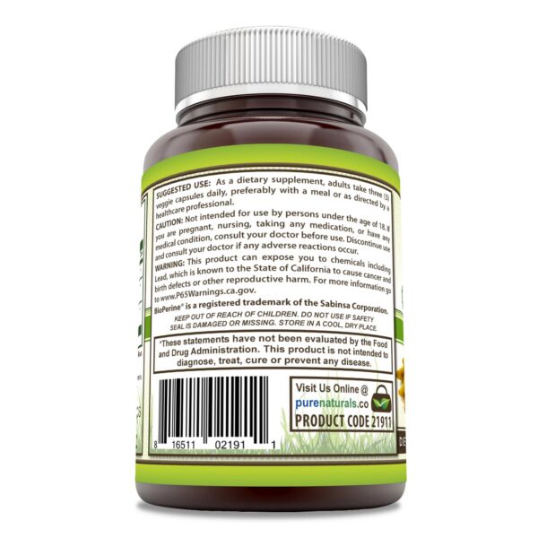 Frasco Pure Naturals suplemento cúrcuma cápsulas vegetales sin gluten