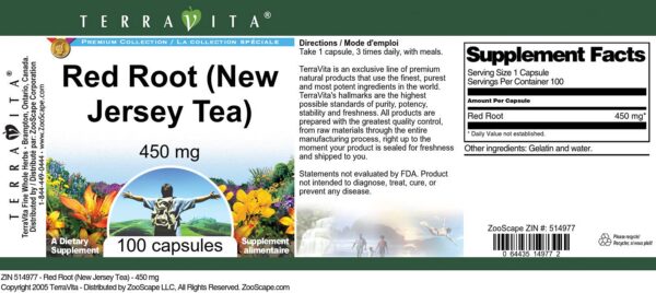 Frasco Raíz Roja 450mg 100 cápsulas TerraVita lateral