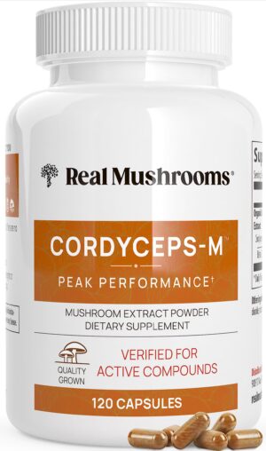 Frasco Real Mushrooms Cordyceps 120 cápsulas naranjas