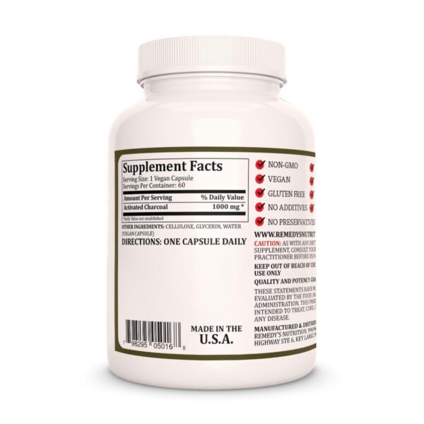 Frasco Remedy's Nutrition cápsulas carbón activado veganas 60 unidades