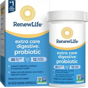 Frasco Renew Life cápsulas Extra Care Probiotic suplemento digestivo