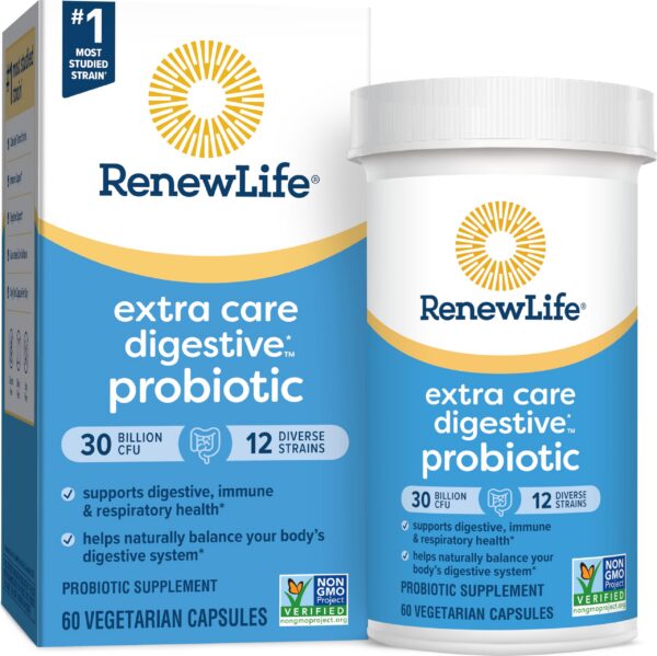 Frasco Renew Life cápsulas Extra Care Probiotic suplemento digestivo