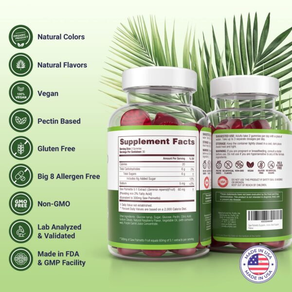 Frasco de Saw Palmetto vegano Purify Life etiquetas claras
