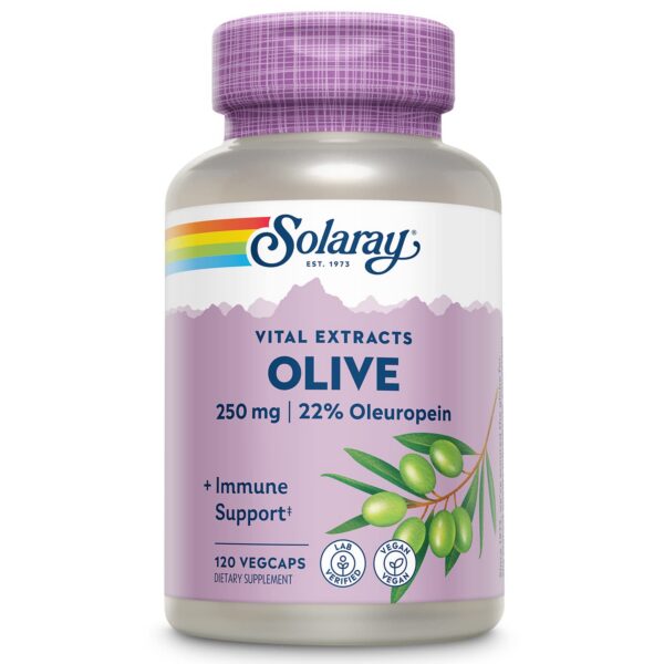 Frasco SOLARAY extracto hoja de olivo 22% 250mg 120 cápsulas