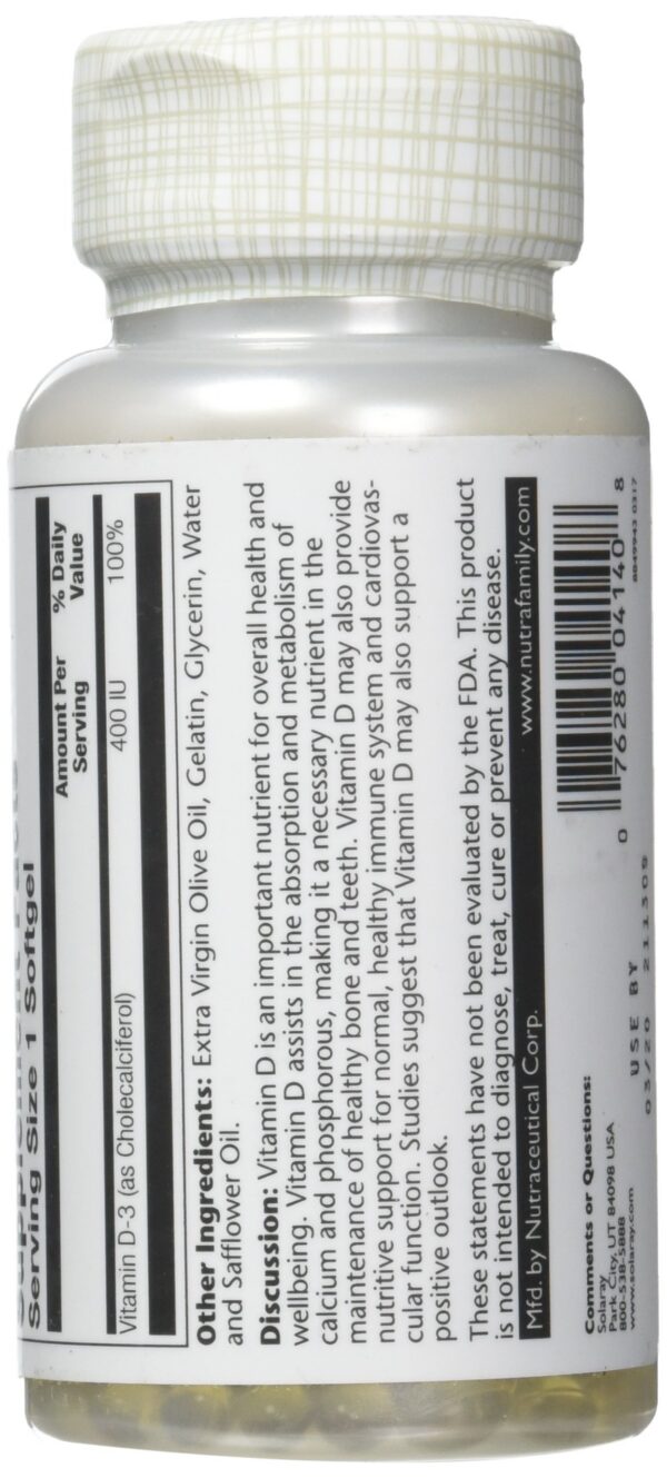 Frasco Solaray vitamina d3 400 ui cápsulas para salud ósea