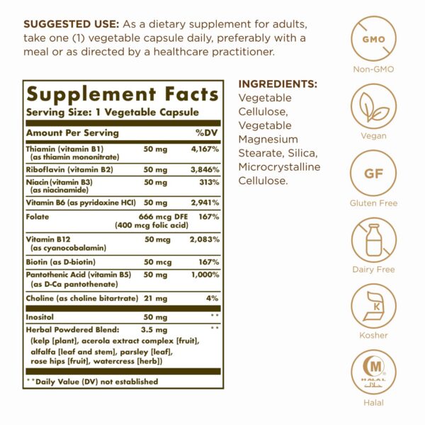 Frasco Solgar Complejo B 50 cápsulas vegetales metabolismo