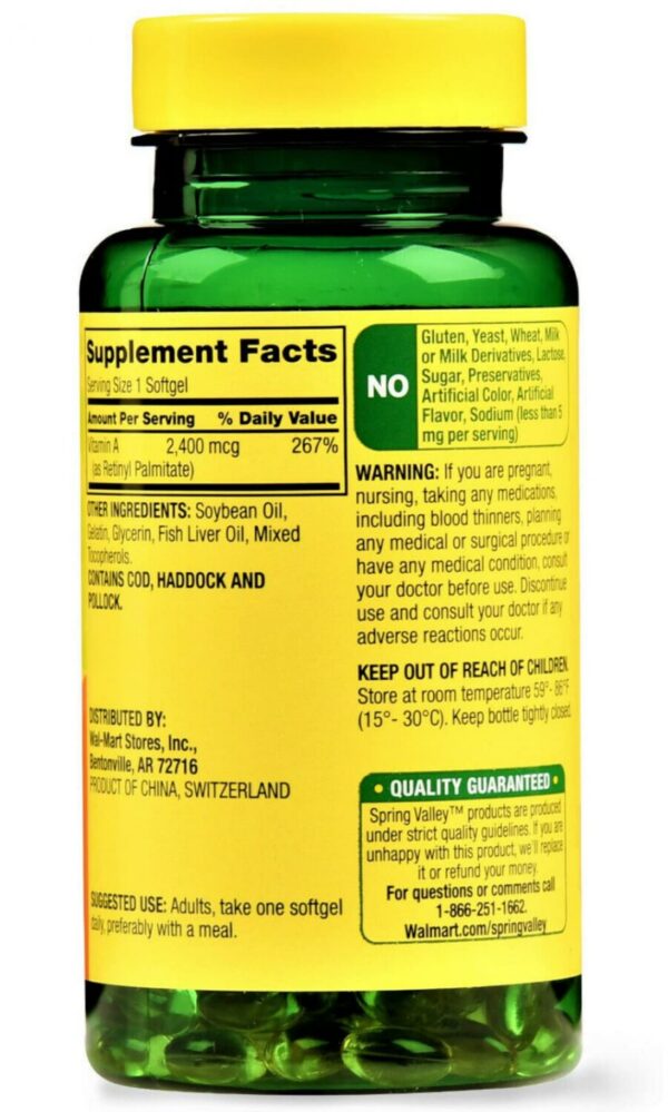 Frasco Spring Valley vitamina A 2400 mcg para salud ocular e inmune