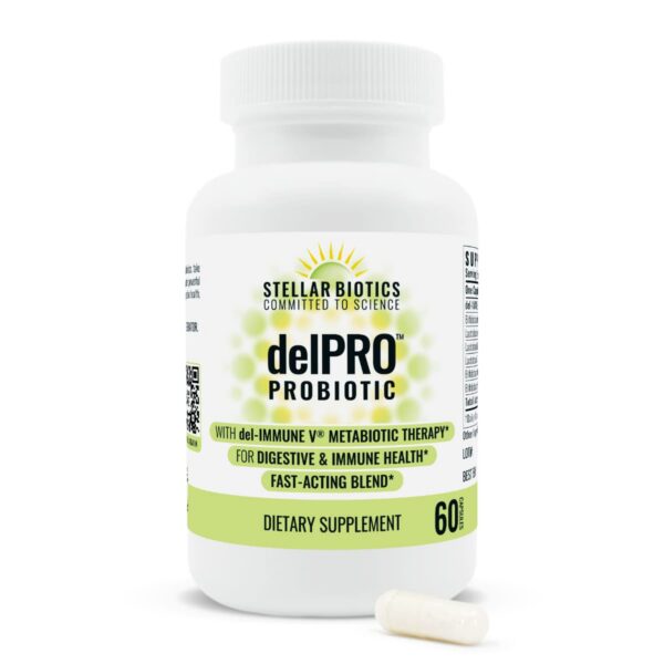 Frasco Stellar Biotics delPRO probiótico cápsulas 60 unidades