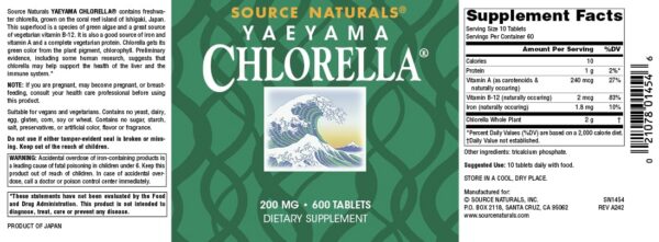 Frasco superalimento Source Naturals Chlorella Yaeyama 600 tabletas