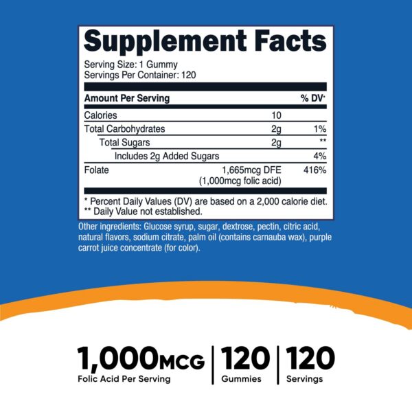 Frasco suplemento ácido fólico Nutricost gomitas vegetarianas