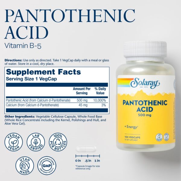 Frasco suplemento ácido pantoténico SOLARAY 100 cápsulas