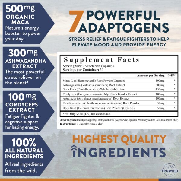 Frasco suplemento adaptógeno TruWild con 7 ingredientes naturales