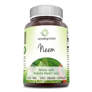 Frasco suplemento Amazing India Neem 500mg 240 cápsulas vegetarianas