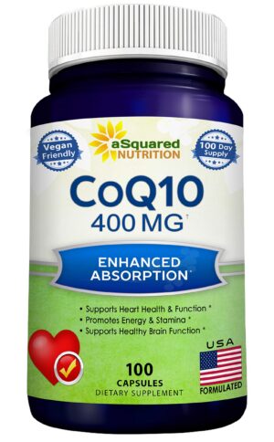 Frasco de suplemento aSquared Nutrition CoQ10 400 mg 100 cápsulas