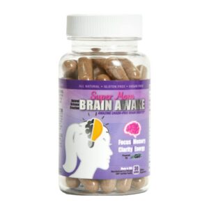 Frasco del suplemento Brain Awake para enfoque y energía femenina