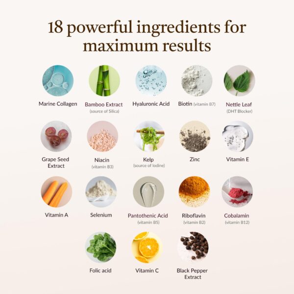 Frasco de suplemento para cabello con colágeno y biotina Kailea