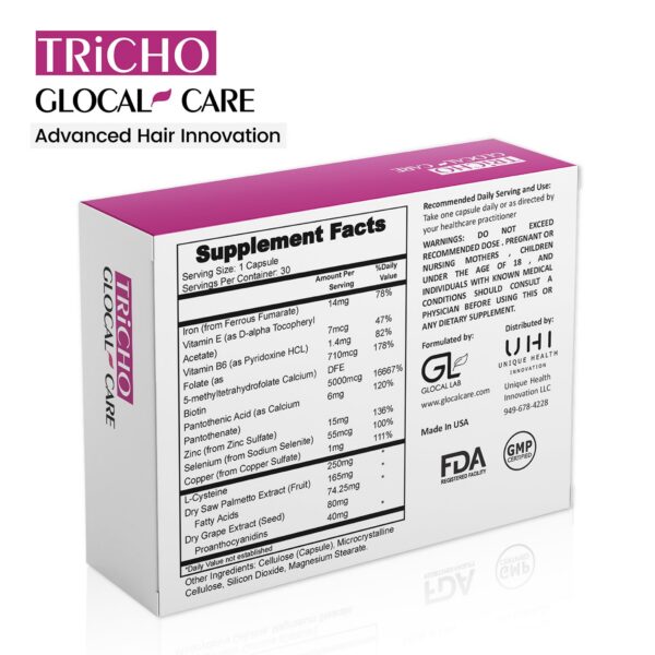 Frasco suplemento cabello GlocalCare Tricho con biotina