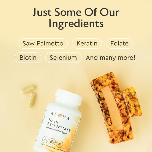 Frasco suplemento capilar Alaya Hair Essentials 60 cápsulas