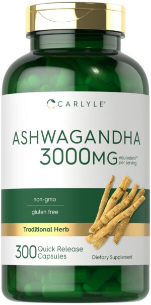 frasco suplemento Carlyle Ashwagandha 3000mg 300 cápsulas