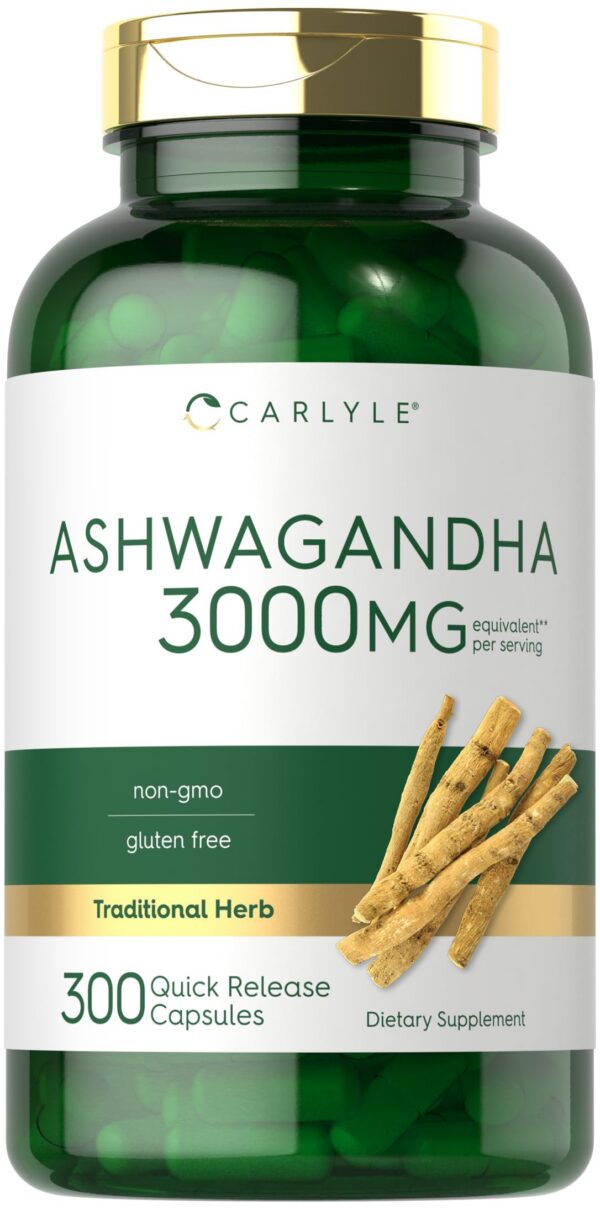 frasco suplemento Carlyle Ashwagandha 3000mg 300 cápsulas