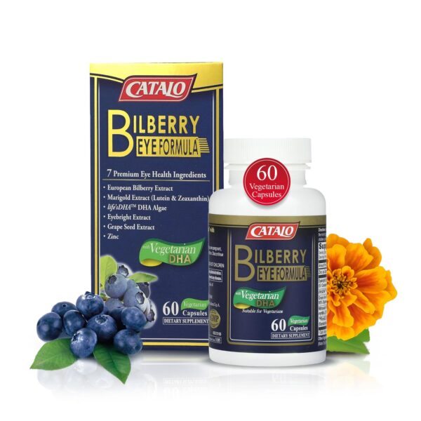Frasco de suplemento CATALO Bilberry Eye Formula 60 cápsulas