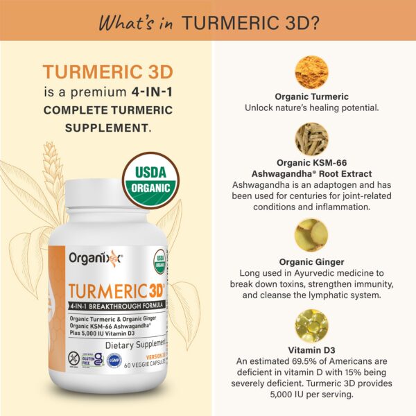 Frasco suplemento cúrcuma curcumina con jengibre y vitamina D Organixx