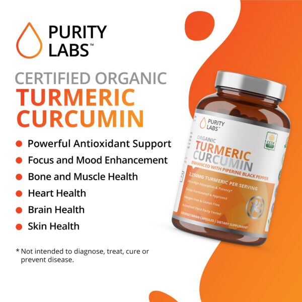 Frasco suplemento cúrcuma orgánica Purity Labs 120 cápsulas