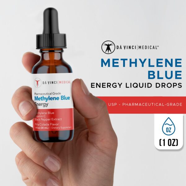 Frasco de suplemento dietético azul de metileno.