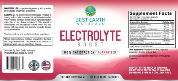 Frasco suplemento electrolitos Best Earth Naturals 30 cápsulas