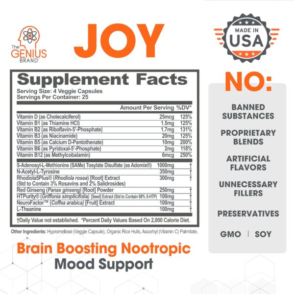 Frasco suplemento Genius Joy con 100 cápsulas vegetales