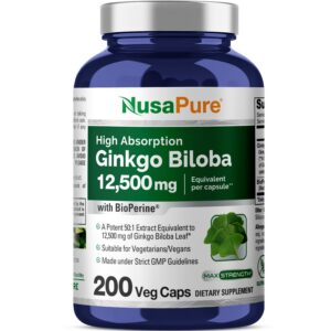 Frasco suplemento Ginkgo Biloba NusaPure 200 cápsulas vegetales