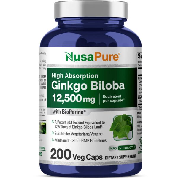 Frasco suplemento Ginkgo Biloba NusaPure 200 cápsulas vegetales