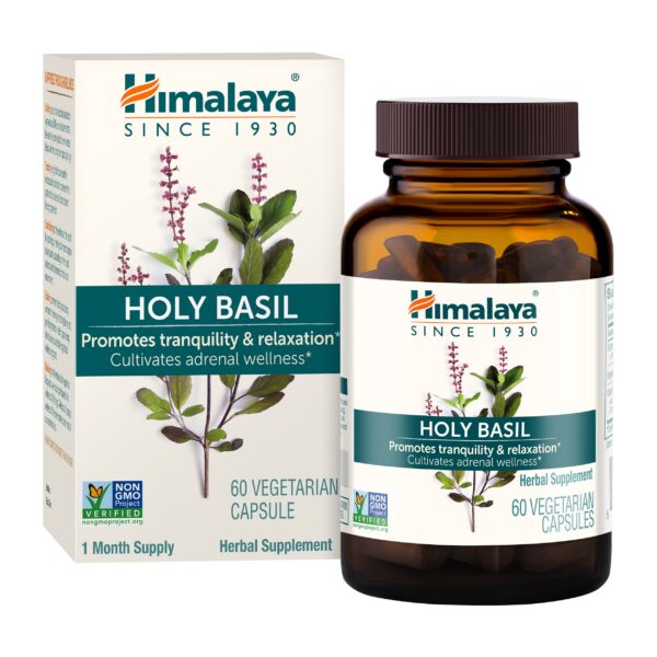 Frasco de suplemento herbal Himalaya Tulsi 60 cápsulas