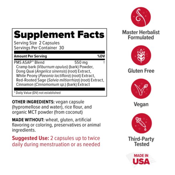 Frasco suplemento herbal PMS alivio menstrual Redd Remedies