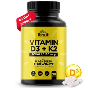 Frasco suplemento HerbaMe vitamina D3 K2 magnesio 90 cápsulas