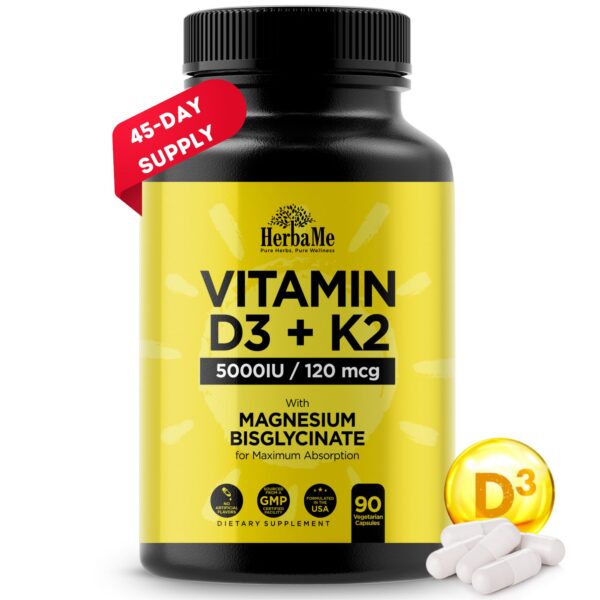 Frasco suplemento HerbaMe vitamina D3 K2 magnesio 90 cápsulas