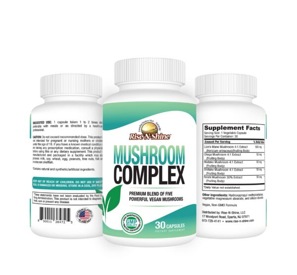 Frasco de suplemento de hongos mostrando etiqueta