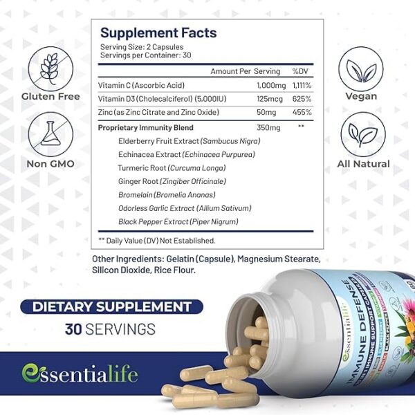 Frasco de suplemento inmune Essentialife con saúco y equinácea