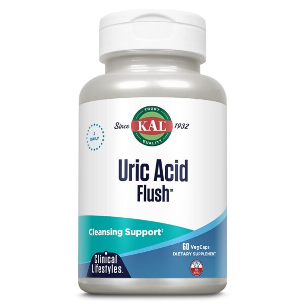 Frasco de suplemento KAL Uric Acid Flush 60 cápsulas veganas