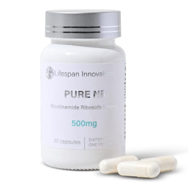 Frasco de suplemento Lifespan Innovations Pure NR ribósido nicotinamida 500mg