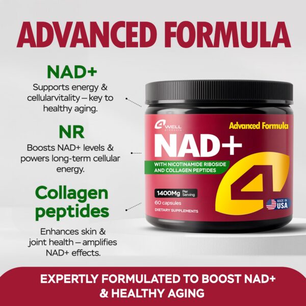 Frasco de suplemento NAD 1400mg para energía celular y piel saludable