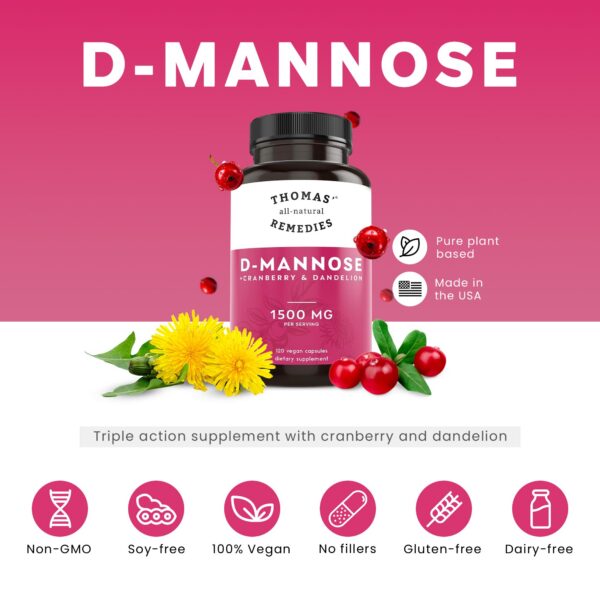 Frasco de suplemento natural D-manosa con ingredientes veganos