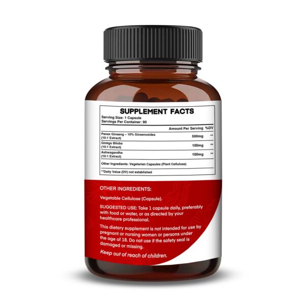 Version 1.0.0 Frasco de suplemento natural con ginseng, ginkgo biloba y ashwagandha