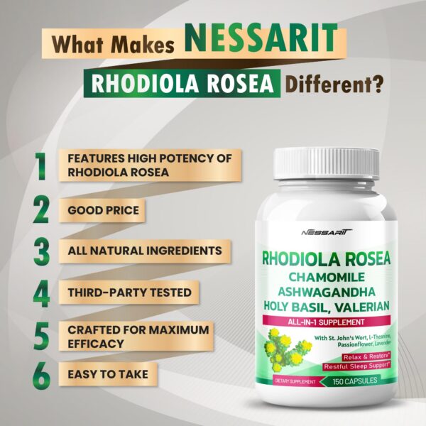 Frasco de suplemento Nessarit Rhodiola Rosea probado en laboratorio
