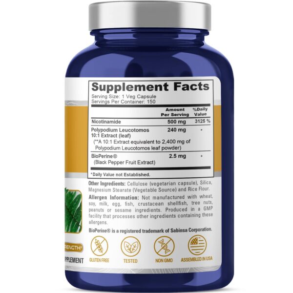 Frasco suplemento NusaPure Nicotinamida 500mg 150 cápsulas