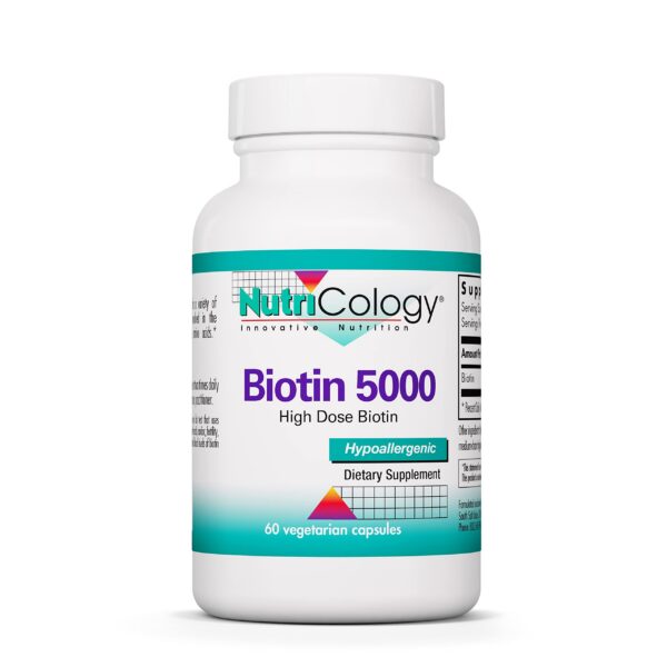Frasco suplemento Nutricology Biotina 5000mcg para cabello y piel